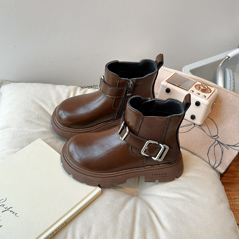 Rudens meiteņu zābaki Sprādze Melns brūns Rāvējslēdzējs Platforma Ikdienas bērniem Īsi Zābaki līdz iekļa vidum Skaisti Pu ādas ērti bērnu apavi