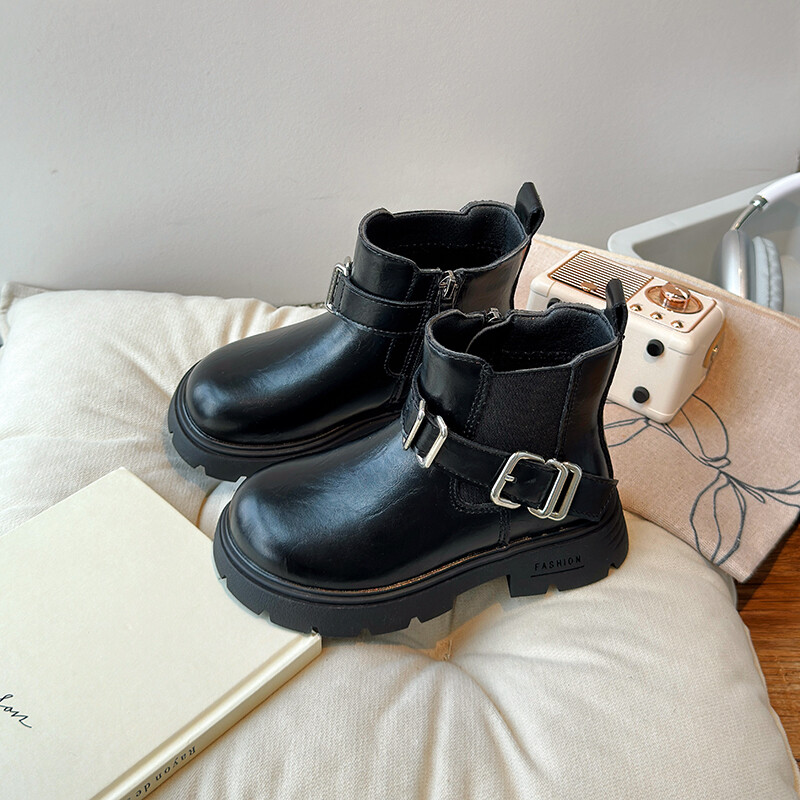 Rudens meiteņu zābaki Sprādze Melns brūns Rāvējslēdzējs Platforma Ikdienas bērniem Īsi Zābaki līdz iekļa vidum Skaisti Pu ādas ērti bērnu apavi