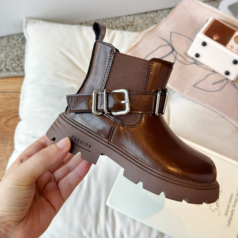 Rudens meiteņu zābaki Sprādze Melns brūns Rāvējslēdzējs Platforma Ikdienas bērniem Īsi Zābaki līdz iekļa vidum Skaisti Pu ādas ērti bērnu apavi