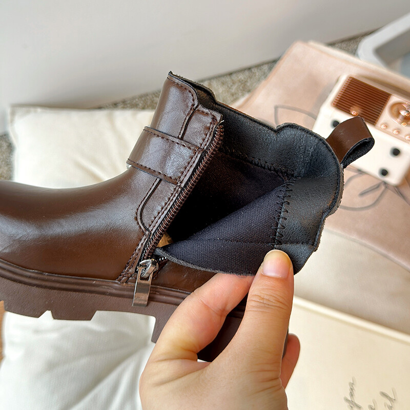 Rudens meiteņu zābaki Sprādze Melns brūns Rāvējslēdzējs Platforma Ikdienas bērniem Īsi Zābaki līdz iekļa vidum Skaisti Pu ādas ērti bērnu apavi