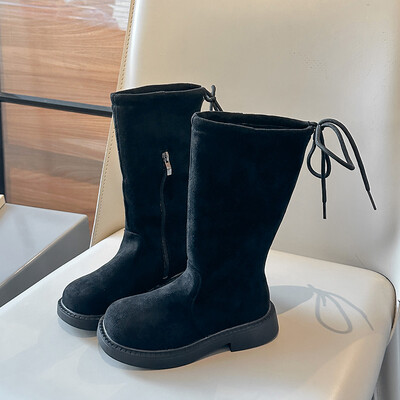 Φθινοπωρινές μπότες για κορίτσια Μαύρα χακί σουέτ μέχρι το γόνατο Ογκώδεις παιδικές μακρύ μπότες Ευέλικτο φερμουάρ μόδας Παιδικά παπούτσια 26-36