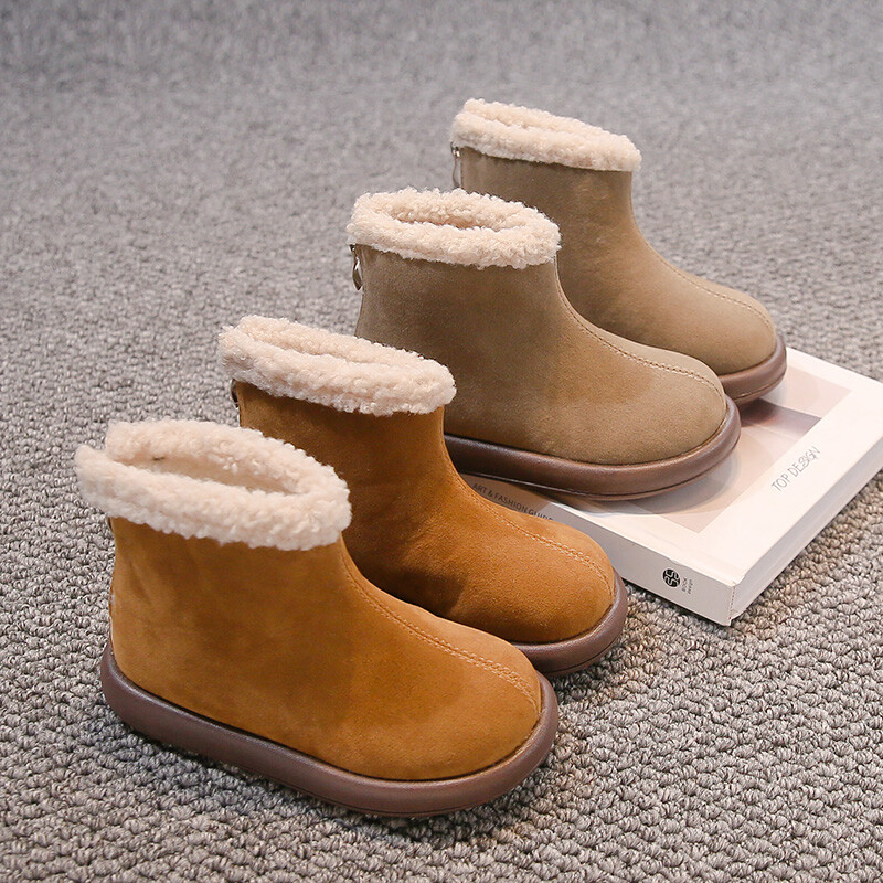 Bērnu ziemas zābaki, mīksta plīša atpūtas platforma unisex zēniem meitenēm, īsi zābaki līdz ikru vidusdaļai vienkrāsaini bērnu apavi ar rāvējslēdzēju ikdienas lietošanai