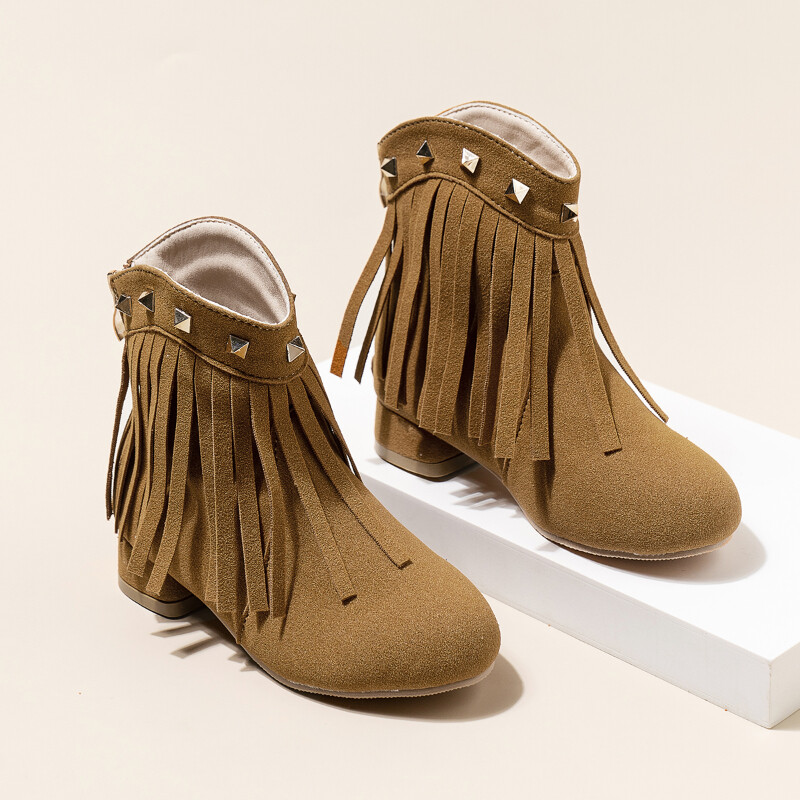 Meiteņu rudens zābaki, pušķis, kniedes, smails purngals, zems papēdis, klasisks bērnu īss zābaks Haki bēšs zābaks ar rāvējslēdzēju zamšādas bērnu apavi līdz ikru vidum