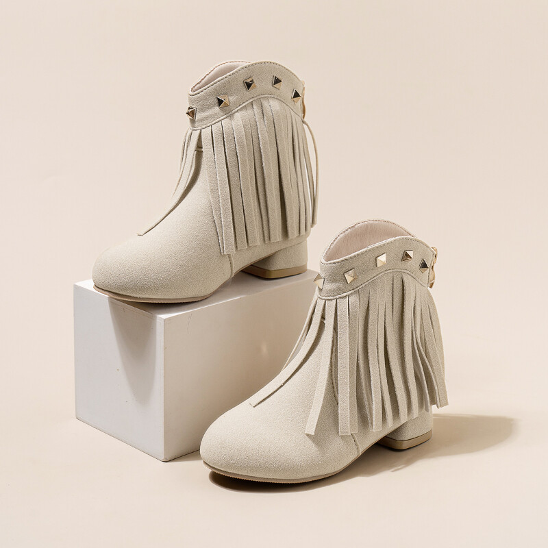 Meiteņu rudens zābaki, pušķis, kniedes, smails purngals, zems papēdis, klasisks bērnu īss zābaks Haki bēšs zābaks ar rāvējslēdzēju zamšādas bērnu apavi līdz ikru vidum