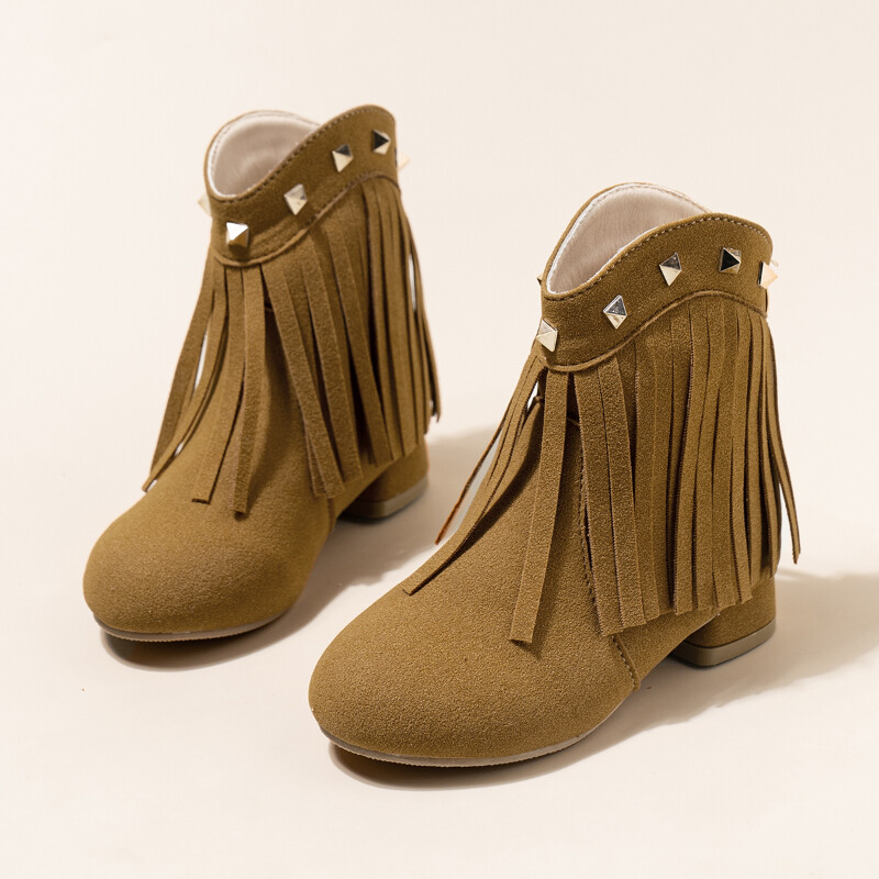 Meiteņu rudens zābaki, pušķis, kniedes, smails purngals, zems papēdis, klasisks bērnu īss zābaks Haki bēšs zābaks ar rāvējslēdzēju zamšādas bērnu apavi līdz ikru vidum