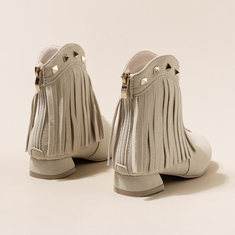 Meiteņu rudens zābaki, pušķis, kniedes, smails purngals, zems papēdis, klasisks bērnu īss zābaks Haki bēšs zābaks ar rāvējslēdzēju zamšādas bērnu apavi līdz ikru vidum