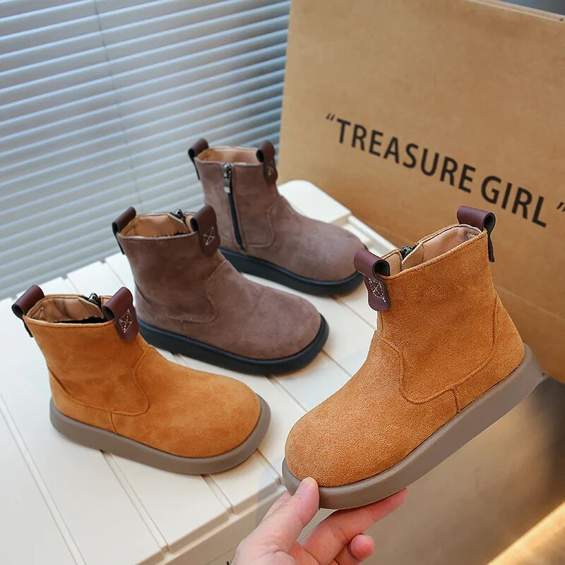 Gyerek Chelsea csizma Gyerek meleg bőrcsizma oldalsó cipzár Aranyos kerek orrú divat lányok rövid csizmák brit stílusban 2024 tél