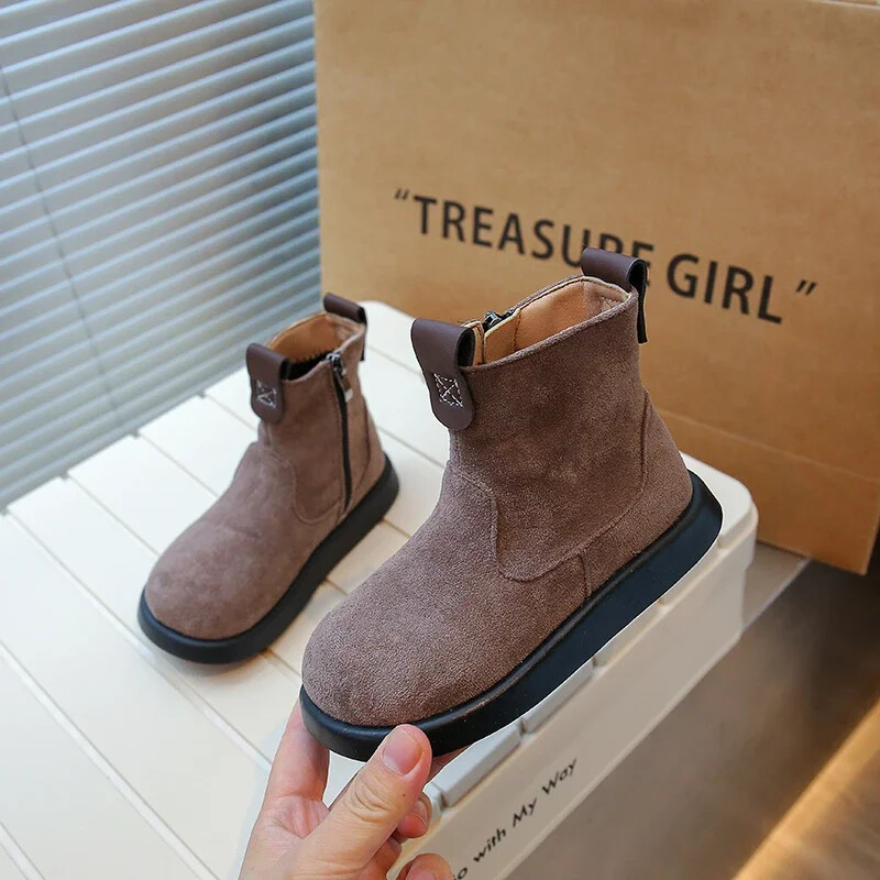 Gyerek Chelsea csizma Gyerek meleg bőrcsizma oldalsó cipzár Aranyos kerek orrú divat lányok rövid csizmák brit stílusban 2024 tél