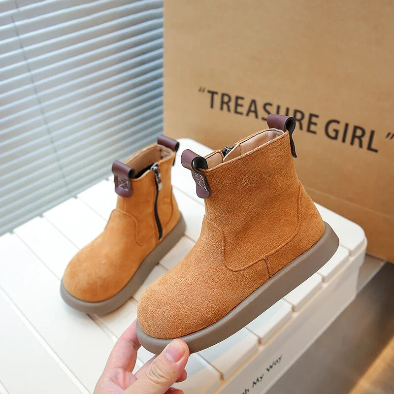 Gyerek Chelsea csizma Gyerek meleg bőrcsizma oldalsó cipzár Aranyos kerek orrú divat lányok rövid csizmák brit stílusban 2024 tél