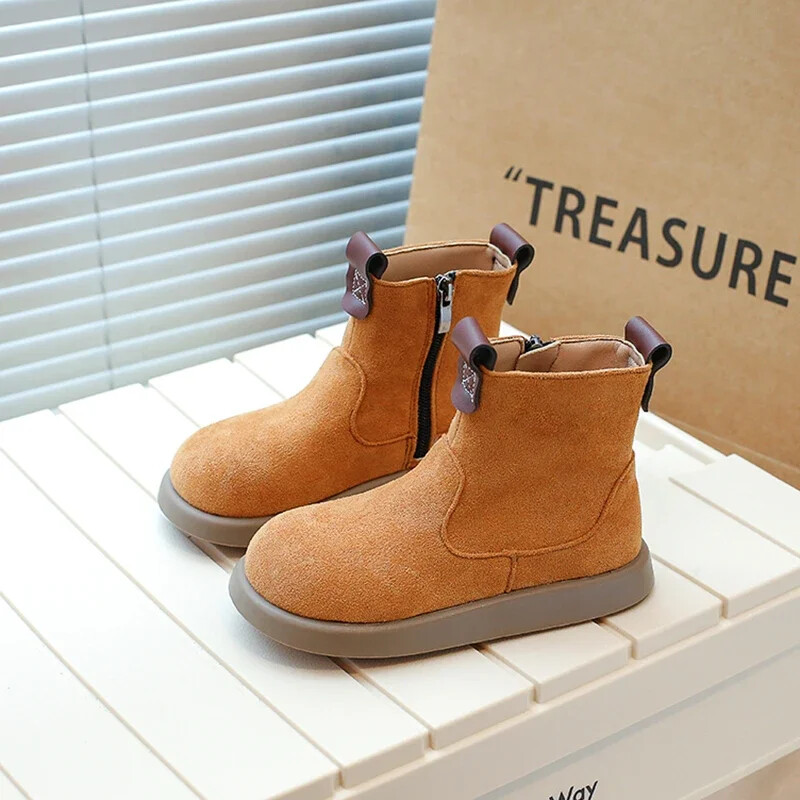 Gyerek Chelsea csizma Gyerek meleg bőrcsizma oldalsó cipzár Aranyos kerek orrú divat lányok rövid csizmák brit stílusban 2024 tél