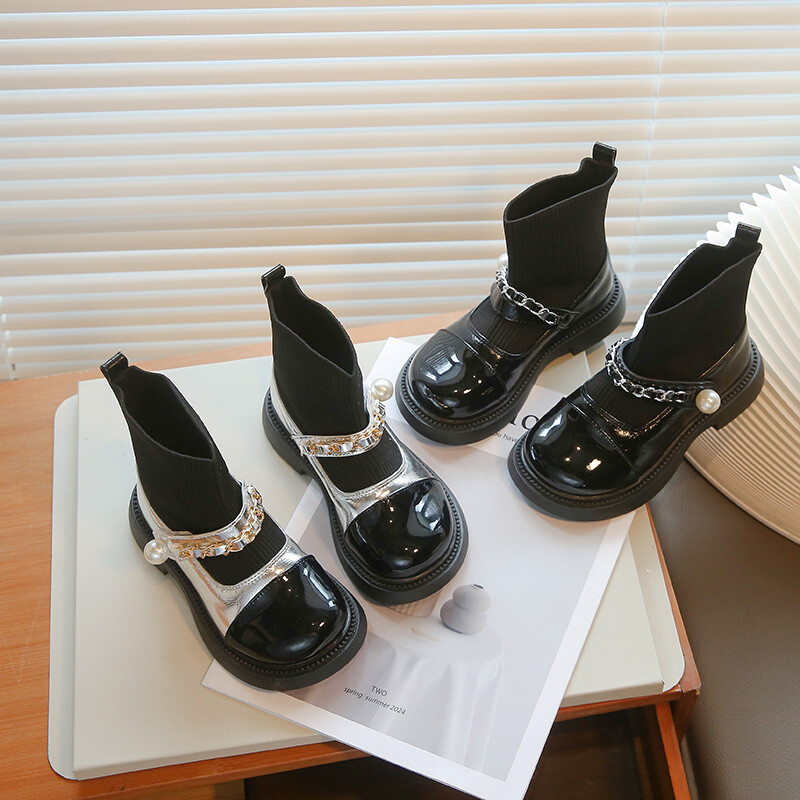 Jesenske čarape za djevojčice Čizme s bisernim lancem Okrugli prsti Ravne dječje kratke čizme Dvije boje Modna udobna dnevna dječja cipela 26-36