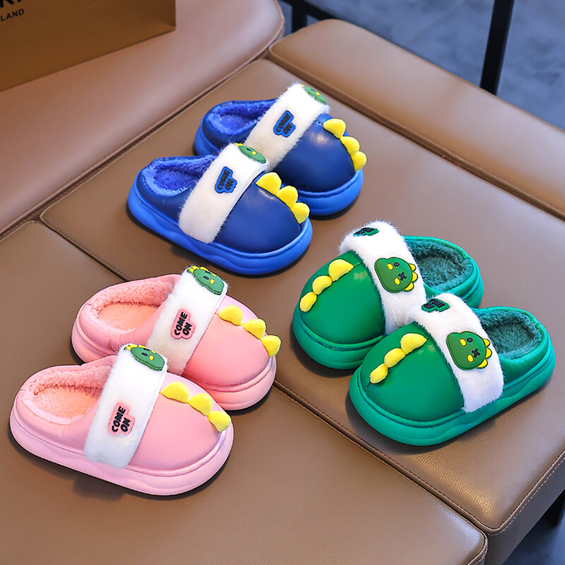 Jaunas ziemas cute dinozauru bērnu ūdensizturīgas siltas neslīdošas pūkainas čības meitenēm zēniem iekštelpu mūļiem bērniem mājas kokvilnas apavi