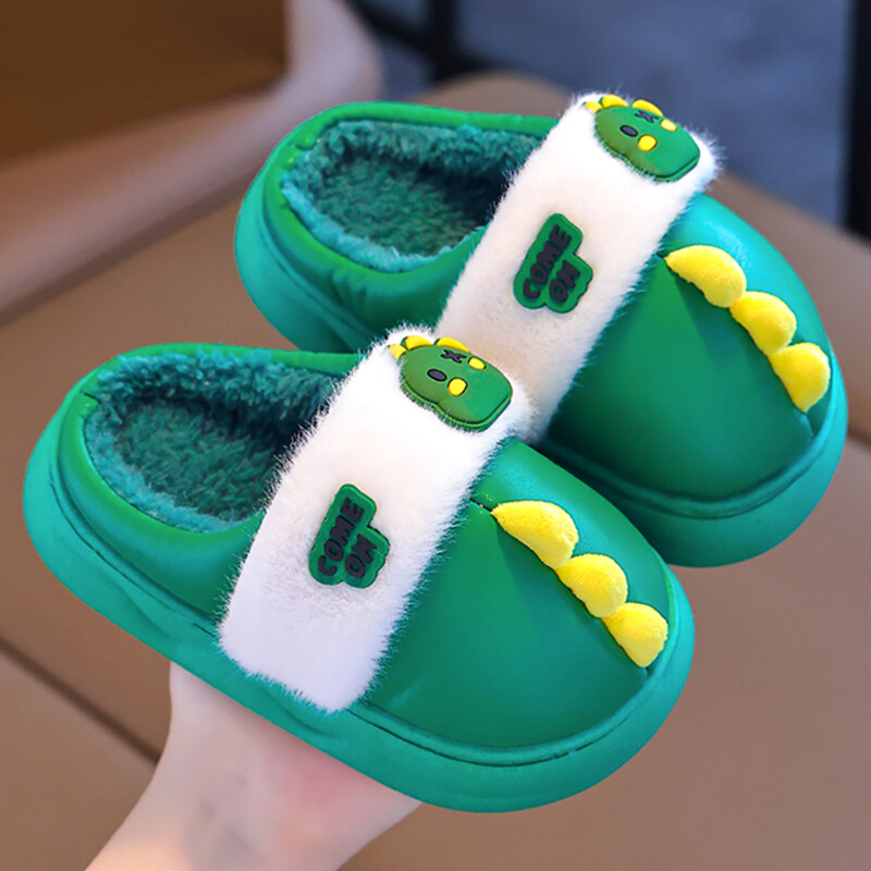 Jaunas ziemas cute dinozauru bērnu ūdensizturīgas siltas neslīdošas pūkainas čības meitenēm zēniem iekštelpu mūļiem bērniem mājas kokvilnas apavi