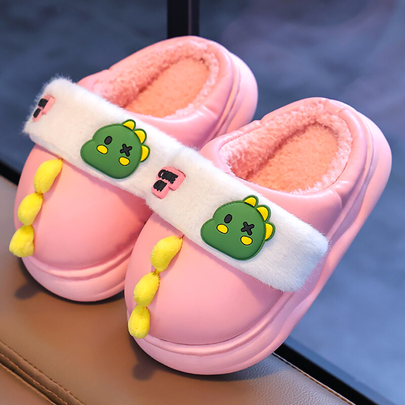 Jaunas ziemas cute dinozauru bērnu ūdensizturīgas siltas neslīdošas pūkainas čības meitenēm zēniem iekštelpu mūļiem bērniem mājas kokvilnas apavi