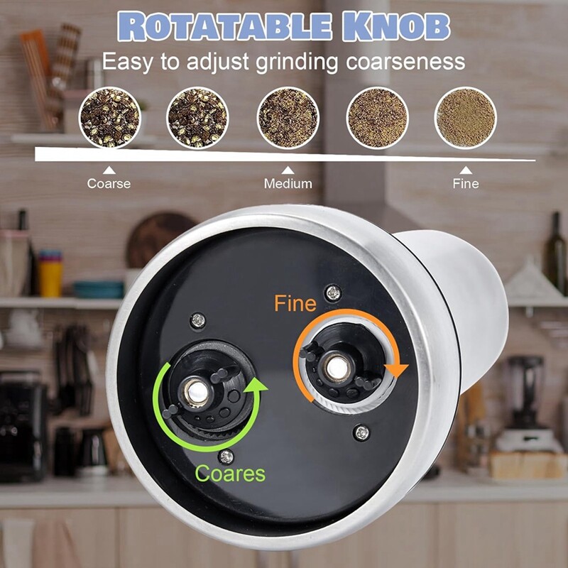 Elektrisko sāls un piparu dzirnaviņas komplekts, atkārtoti uzpildāms 2 vienā elektriskā sāls un piparu dzirnaviņas ar regulējamu rupjību, viegli lietojams