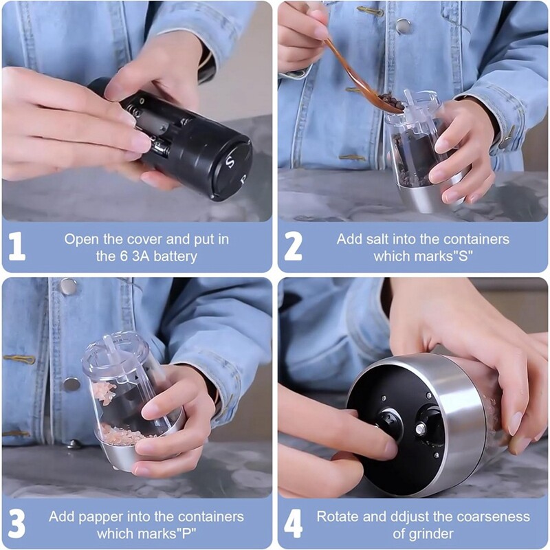 Elektrisko sāls un piparu dzirnaviņas komplekts, atkārtoti uzpildāms 2 vienā elektriskā sāls un piparu dzirnaviņas ar regulējamu rupjību, viegli lietojams