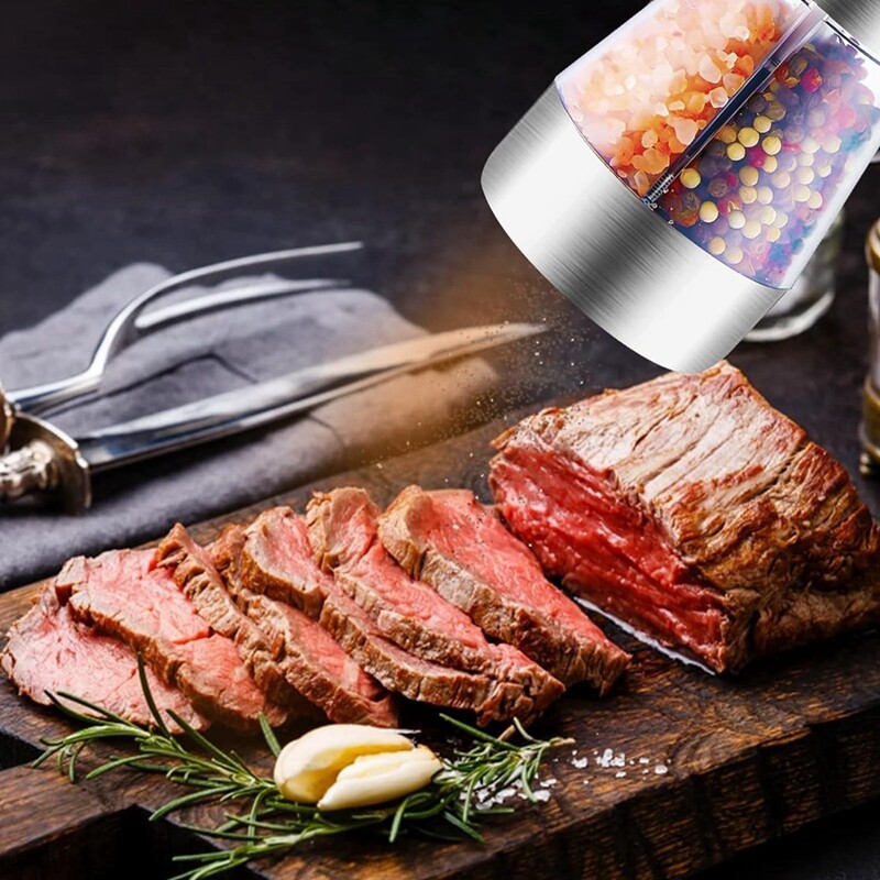 Elektrisko sāls un piparu dzirnaviņas komplekts, atkārtoti uzpildāms 2 vienā elektriskā sāls un piparu dzirnaviņas ar regulējamu rupjību, viegli lietojams