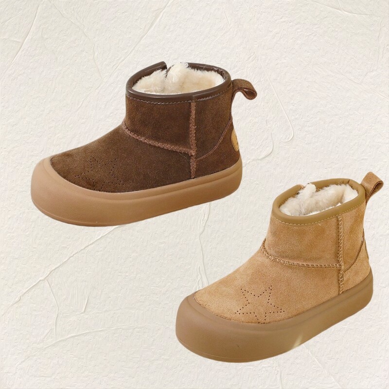 16-22 cm Unisex ehtsast nahast lumesaapad, tugevast soojast karvast plüüsist poolsaapad lastele talveks, teismeliste tüdrukute poiste talvejalatsid