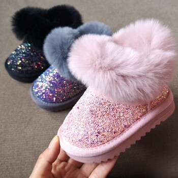 Επώνυμα Baby Girls Boys Snow Boots, Bling Sequied Χοντρό βελούδινο ζεστό χειμωνιάτικο μποτάκι με γούνα, ροζ μαύρα παιδικά παπούτσια Twinkle