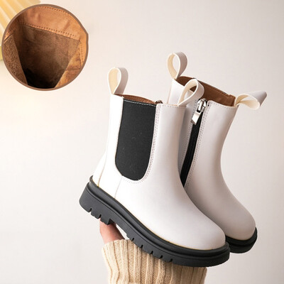 Παιδικά Ανοιξιάτικα Παπούτσια Chelsea, Χοντρό κάτω μέρος, αδιάβροχα λευκά βαμβακερά μποτάκια βρετανικού στιλ για κορίτσια Μικρές μπότες για παιδιά