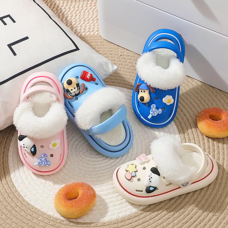 Ziemas čības iekštelpām plīša siltas bērnu mājas apavi Multfilmas kucēns koka tupeles iekštelpām āra slidkalniņi meitenēm mājās apavi mazulim