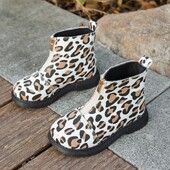 Μπεζ/Κόκκινες μπότες για κορίτσια με εμπριμέ μπροστινό φερμουάρ, επίπεδο κάτω, χαμηλό βαρέλι, χειμερινές αντιολισθητικές αδιάβροχες μπότες από συνθετικό δέρμα