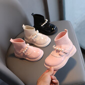 Meiteņu īsi zābaki līdz potītei ar pērlītēm rudens muša austi bērnu zeķu zābaki Ķīļi Elastīgi, saldi uzvelkami mazuļu bērnu zābaki 21-30