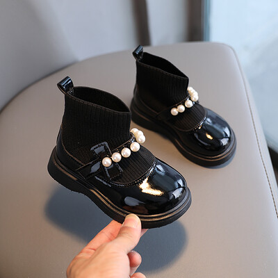 Meiteņu īsi zābaki līdz potītei ar pērlītēm rudens muša austi bērnu zeķu zābaki Ķīļi Elastīgi, saldi uzvelkami mazuļu bērnu zābaki 21-30