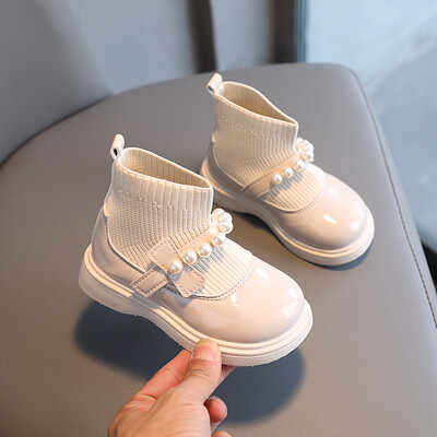 Meiteņu īsi zābaki līdz potītei ar pērlītēm rudens muša austi bērnu zeķu zābaki Ķīļi Elastīgi, saldi uzvelkami mazuļu bērnu zābaki 21-30