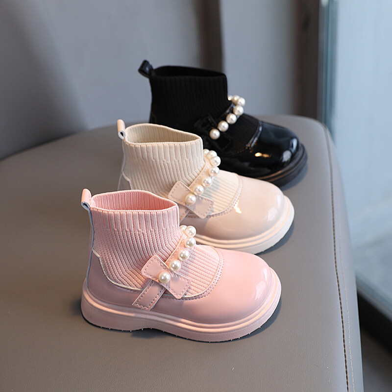 Meiteņu īsi zābaki līdz potītei ar pērlītēm rudens muša austi bērnu zeķu zābaki Ķīļi Elastīgi, saldi uzvelkami mazuļu bērnu zābaki 21-30