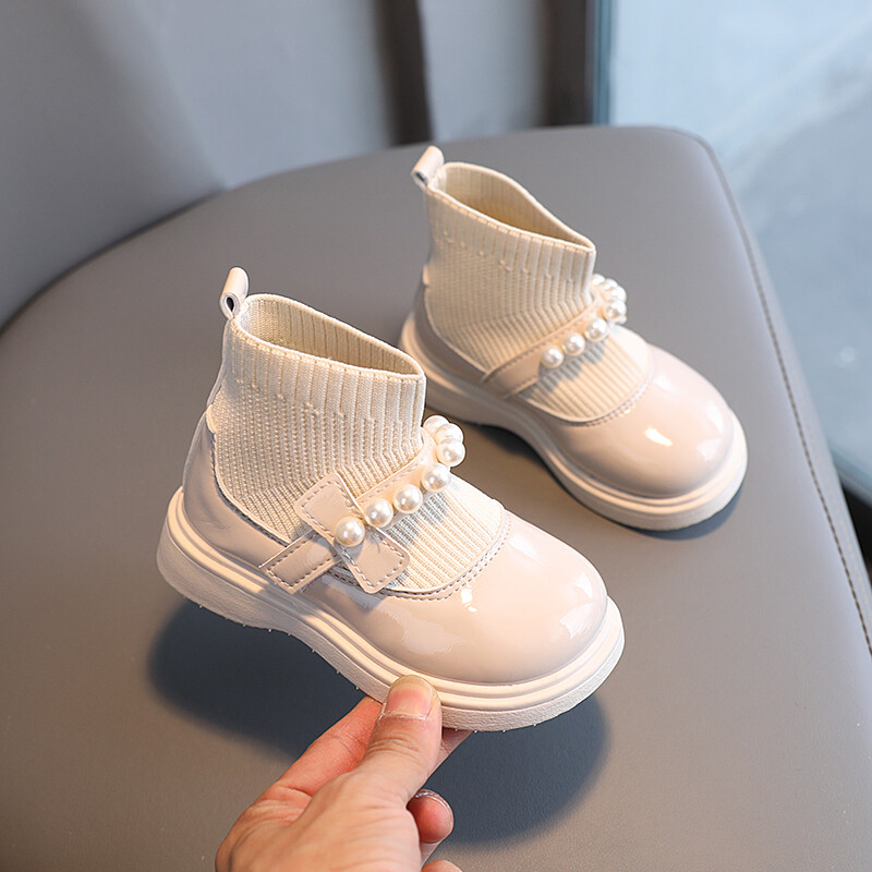 Meiteņu īsi zābaki līdz potītei ar pērlītēm rudens muša austi bērnu zeķu zābaki Ķīļi Elastīgi, saldi uzvelkami mazuļu bērnu zābaki 21-30