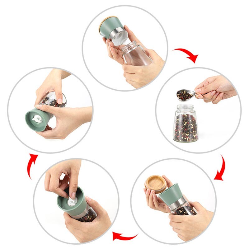 Standarta pārtikas kvalitātes ABS sāls piparu dzirnaviņas ar koka vāku, regulējamu biezumu, keramikas serdi, piparu dzirnaviņas, manuālu sāls dzirnaviņas