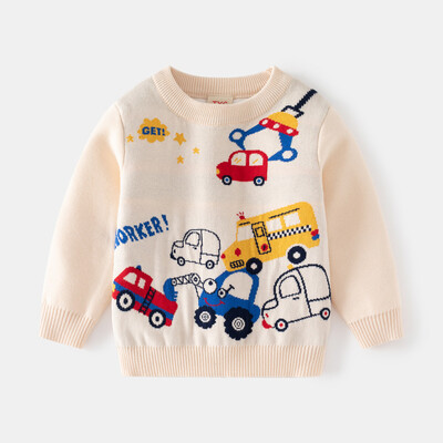 Νέο 2023 Φθινόπωρο Χειμώνας Βρεφικά αγόρια με στρογγυλή λαιμόκοψη Πουλόβερ για παιδιά με κινούμενα σχέδια αυτοκινήτου Ζακάρ Ζεστά πλεκτά πουλόβερ μπλούζες