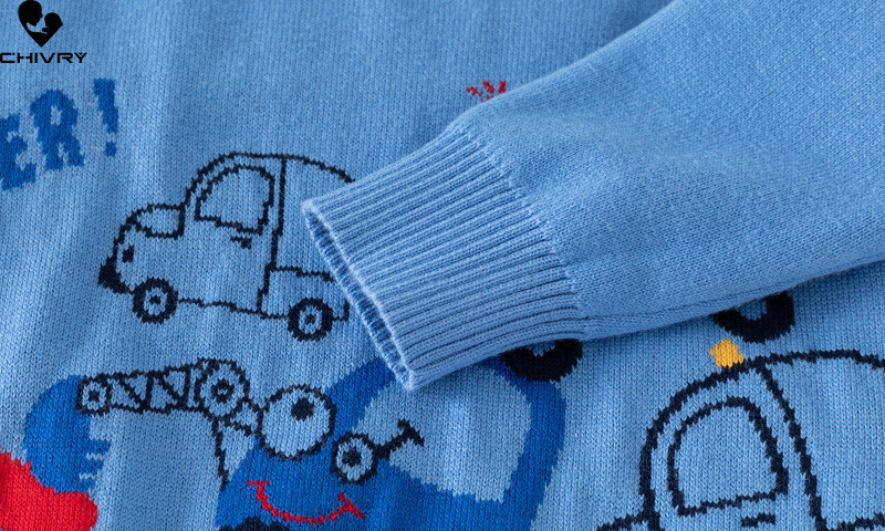 Νέο 2023 Φθινόπωρο Χειμώνας Βρεφικά αγόρια με στρογγυλή λαιμόκοψη Πουλόβερ για παιδιά με κινούμενα σχέδια αυτοκινήτου Ζακάρ Ζεστά πλεκτά πουλόβερ μπλούζες