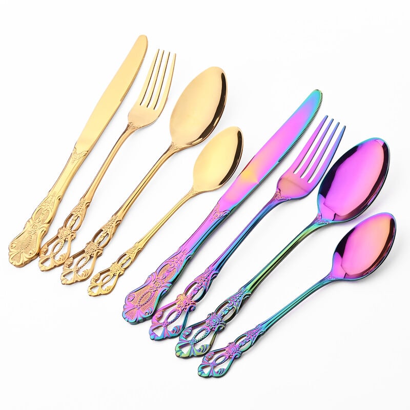 4 bucăți tacâmuri din oțel inoxidabil cu oglindă Tacâmuri Vintage Cuțite Furculiță Desert Linguriță Set de veselă pentru petrecere Bucătărie Argintărie Veselă