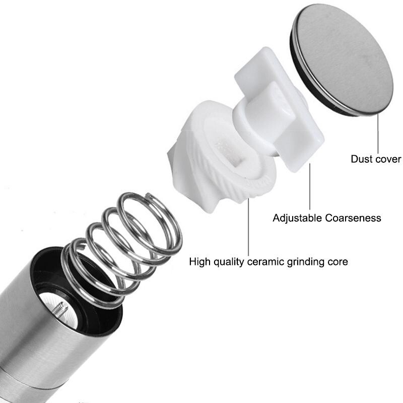 2 vienā piparu dzirnaviņas manuāla nerūsējošā tērauda sāls un piparu dzirnaviņas komplekts ar regulējamu keramikas malšanas garšvielu dzirnaviņas virtuves instrumentu