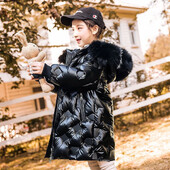 Jaunas meitenes spīdīgas kažokādas apkakles jakas bērniem biezas vienkrāsainas virsdrēbes bērniem tendences mēteļi ar kapuci Ziemas silti modes parki