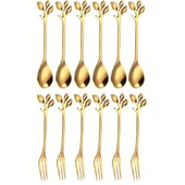 12 gab zelta nerūsējošā tērauda mini lapu kafijas karote, deserta dakša, mazgājama mašīnā, piemērota kafejnīcai, desertu veikalam