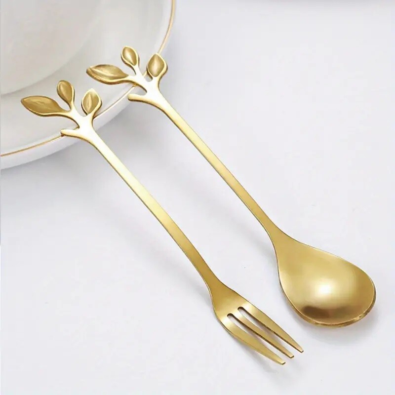 12 gab zelta nerūsējošā tērauda mini lapu kafijas karote, deserta dakša, mazgājama mašīnā, piemērota kafejnīcai, desertu veikalam