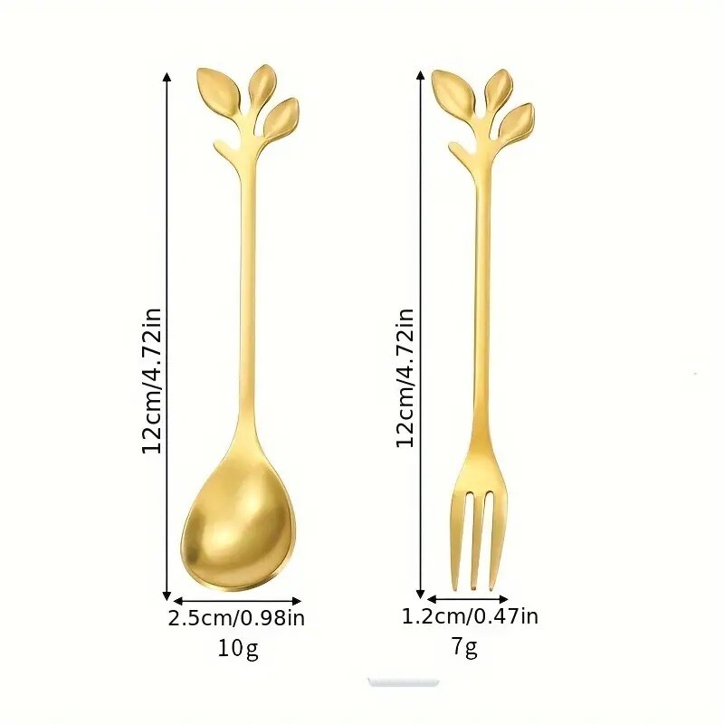 12 gab zelta nerūsējošā tērauda mini lapu kafijas karote, deserta dakša, mazgājama mašīnā, piemērota kafejnīcai, desertu veikalam