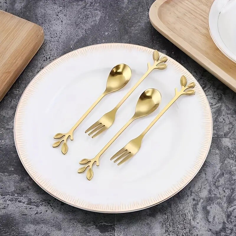 12 gab zelta nerūsējošā tērauda mini lapu kafijas karote, deserta dakša, mazgājama mašīnā, piemērota kafejnīcai, desertu veikalam