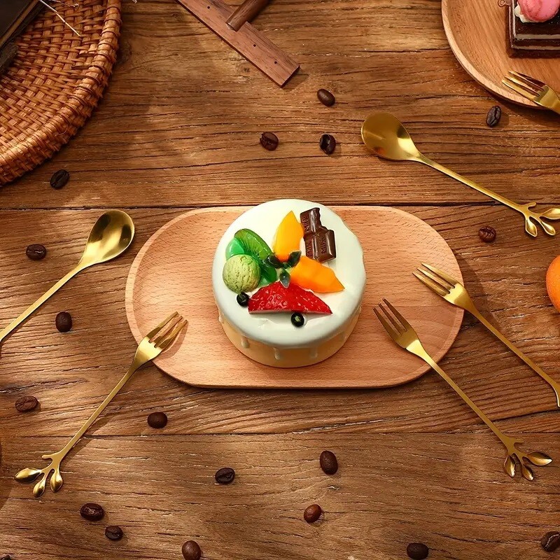 12 gab zelta nerūsējošā tērauda mini lapu kafijas karote, deserta dakša, mazgājama mašīnā, piemērota kafejnīcai, desertu veikalam