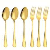 6 dalių aukso spalvos nerūdijančio plieno šakučių ir šaukštų rinkinys, plaunamas mašinoje, tinka restoranams, vakarėliams, vestuvėms