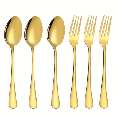 6 dalių aukso spalvos nerūdijančio plieno šakučių ir šaukštų rinkinys, plaunamas mašinoje, tinka restoranams, vakarėliams, vestuvėms
