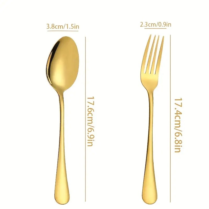 6 dalių aukso spalvos nerūdijančio plieno šakučių ir šaukštų rinkinys, plaunamas mašinoje, tinka restoranams, vakarėliams, vestuvėms