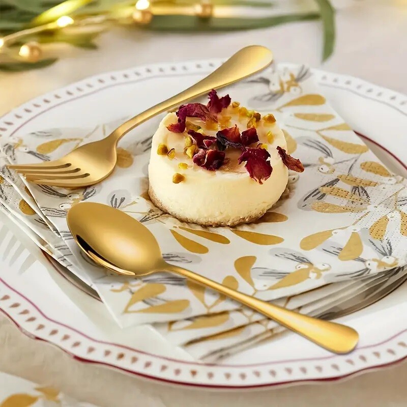 6 dalių aukso spalvos nerūdijančio plieno šakučių ir šaukštų rinkinys, plaunamas mašinoje, tinka restoranams, vakarėliams, vestuvėms