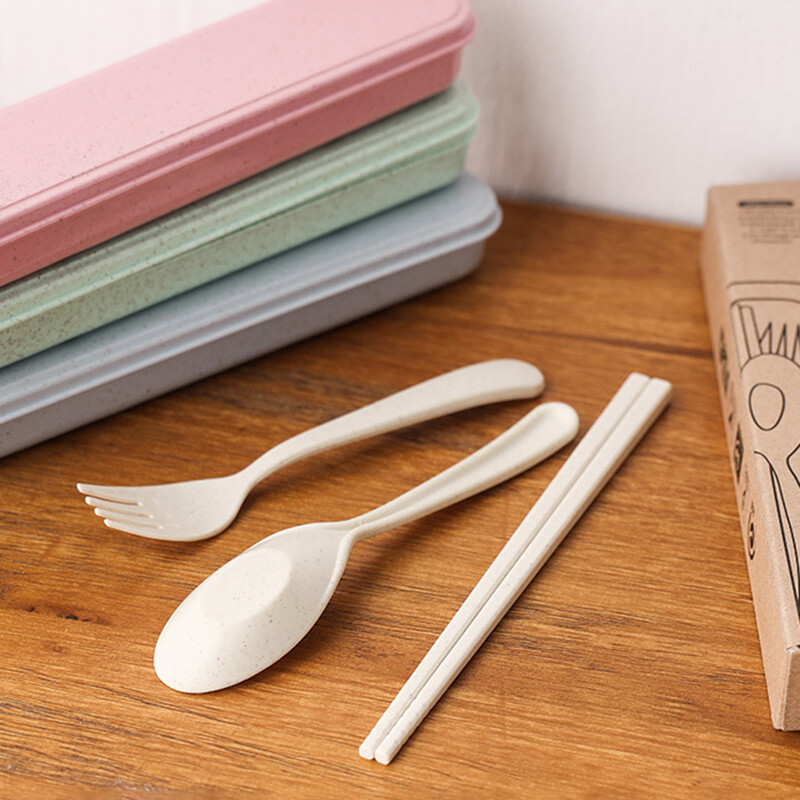 3 τεμάχια/Σετ Φορητό σετ επιτραπέζιων σκευών Πλαστικά σετ μαχαιροπήρουνων Πιρούνι κουτάλι Chopsticks Κοστούμι Φιλικό προς το περιβάλλον επαναχρησιμοποιούμενα μαχαιροπήρουνα ταξιδιού με κουτί