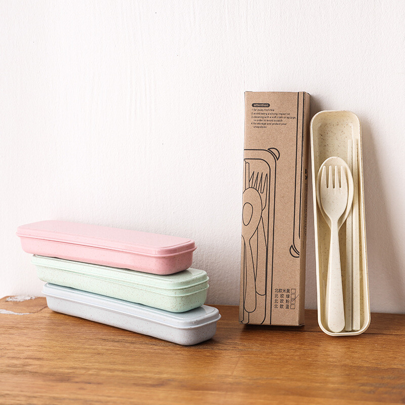 3 τεμάχια/Σετ Φορητό σετ επιτραπέζιων σκευών Πλαστικά σετ μαχαιροπήρουνων Πιρούνι κουτάλι Chopsticks Κοστούμι Φιλικό προς το περιβάλλον επαναχρησιμοποιούμενα μαχαιροπήρουνα ταξιδιού με κουτί