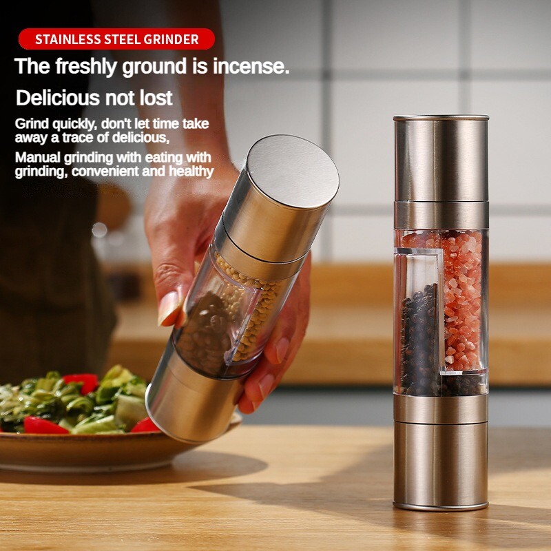 Μύλος αλατιού και πιπεριού 2 σε 1 Χειροκίνητος μύλος αλατοπίπερου από ανοξείδωτο ατσάλι με ρυθμιζόμενο εργαλείο κουζίνας μύλος μπαχαρικών με κεραμική λείανση