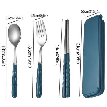 3бр. Комплект преносими прибори за хранене Лъжица Вилица Комплект пръчици за хранене Прибори за хранене с кутия Комплект от неръждаема стомана Пътуващ комплект прибори за хранене